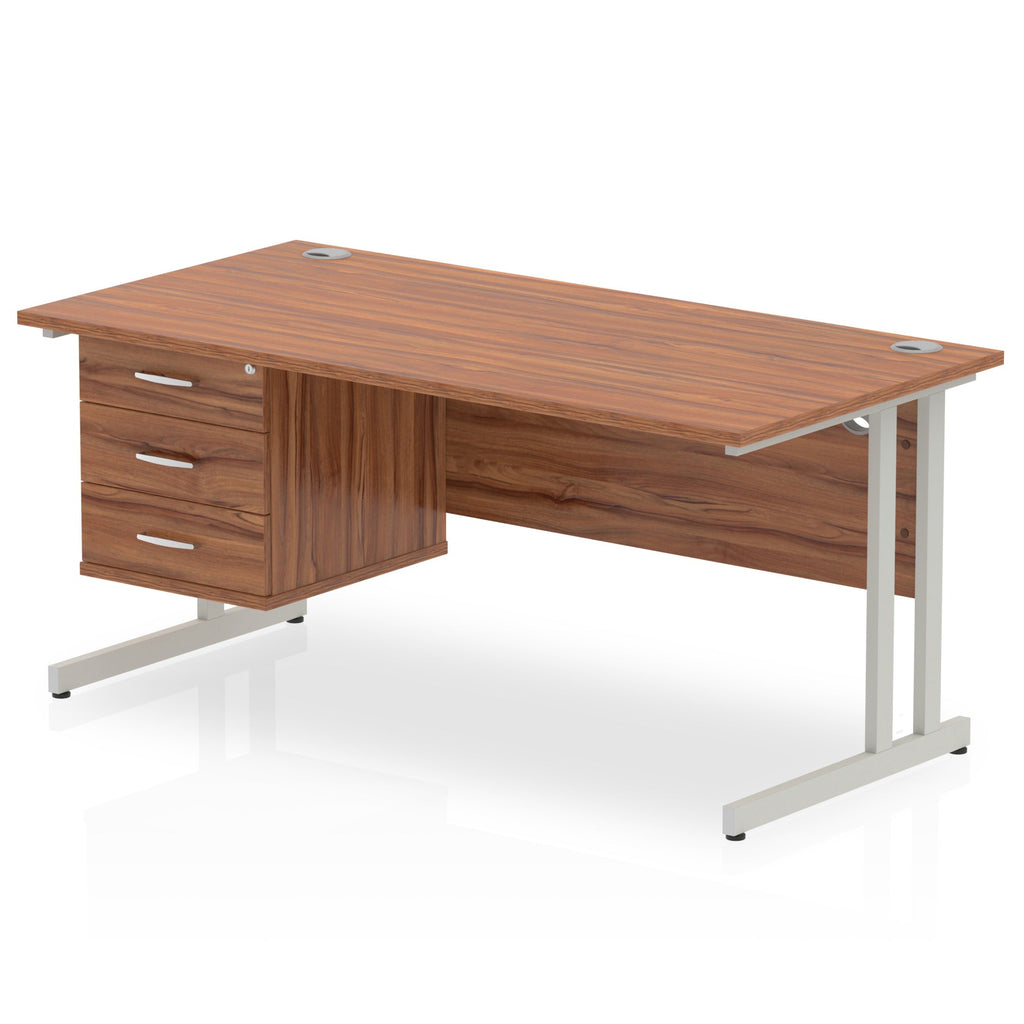 Wood-effect office desk with drawers and metal legs on a white background