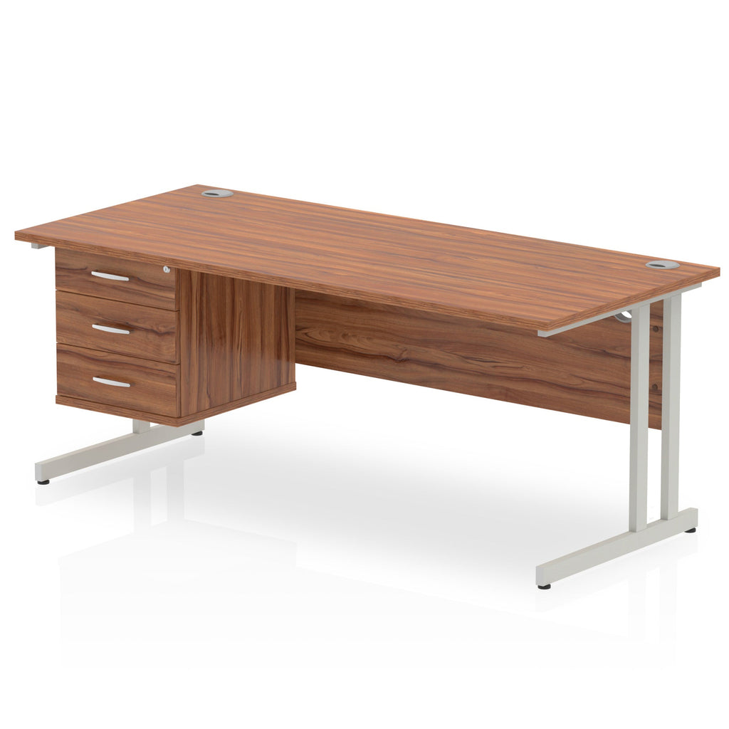 Office desk with wood-effect top, matching drawers and metal legs on a white background