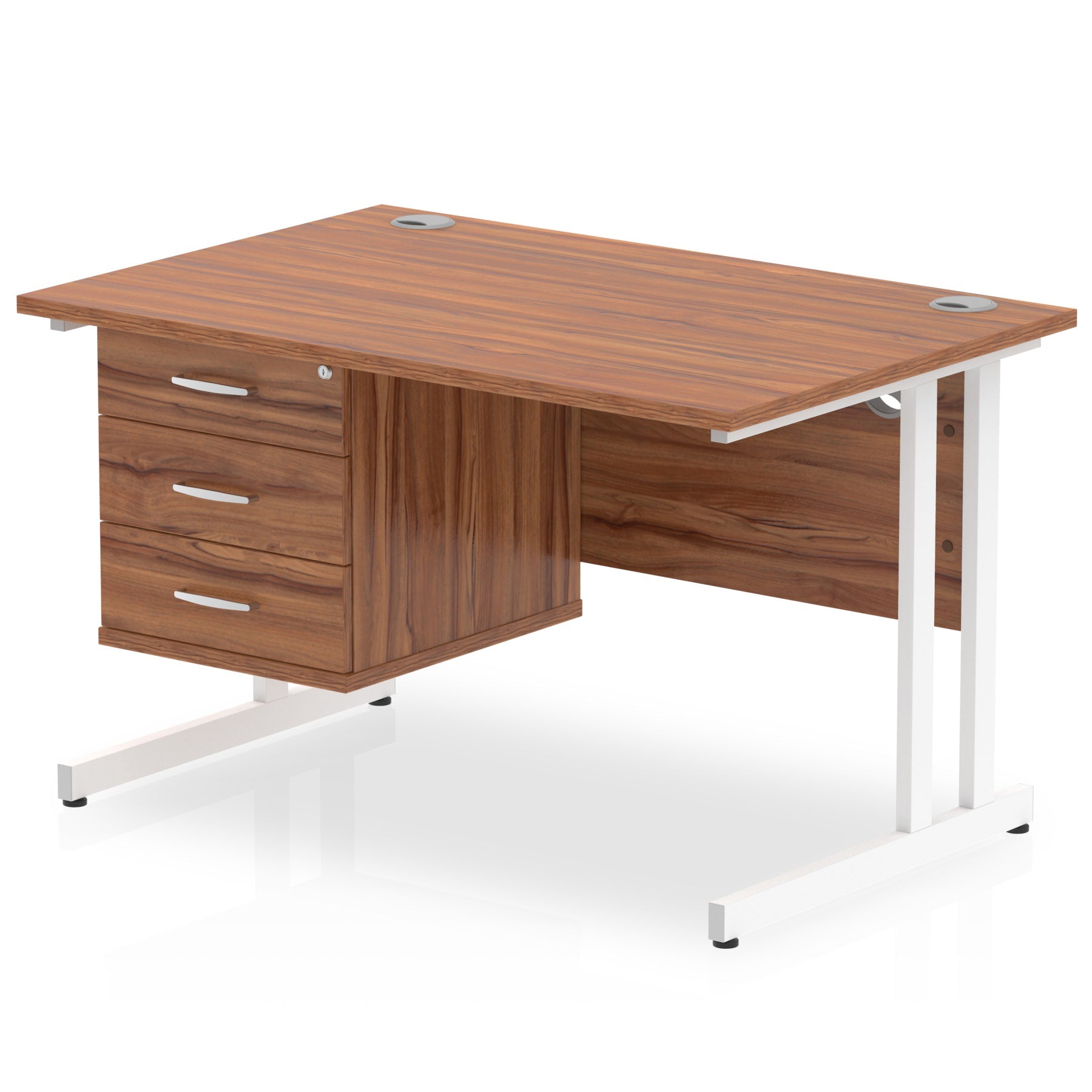 Office desk with wood-effect top and fixed pedestal with metal frame on a white background 