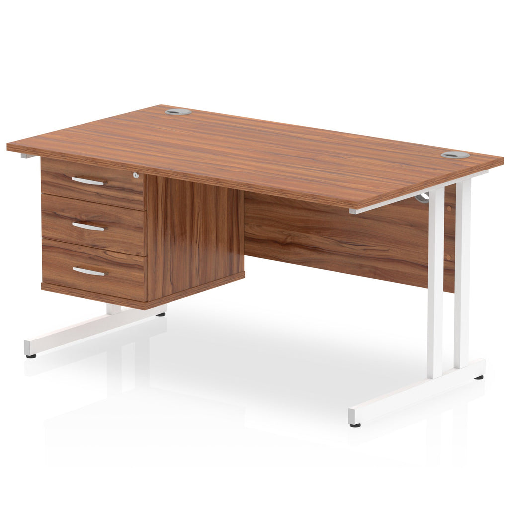 Wood-effect office desk with fixed pedestal and metal legs on a white background