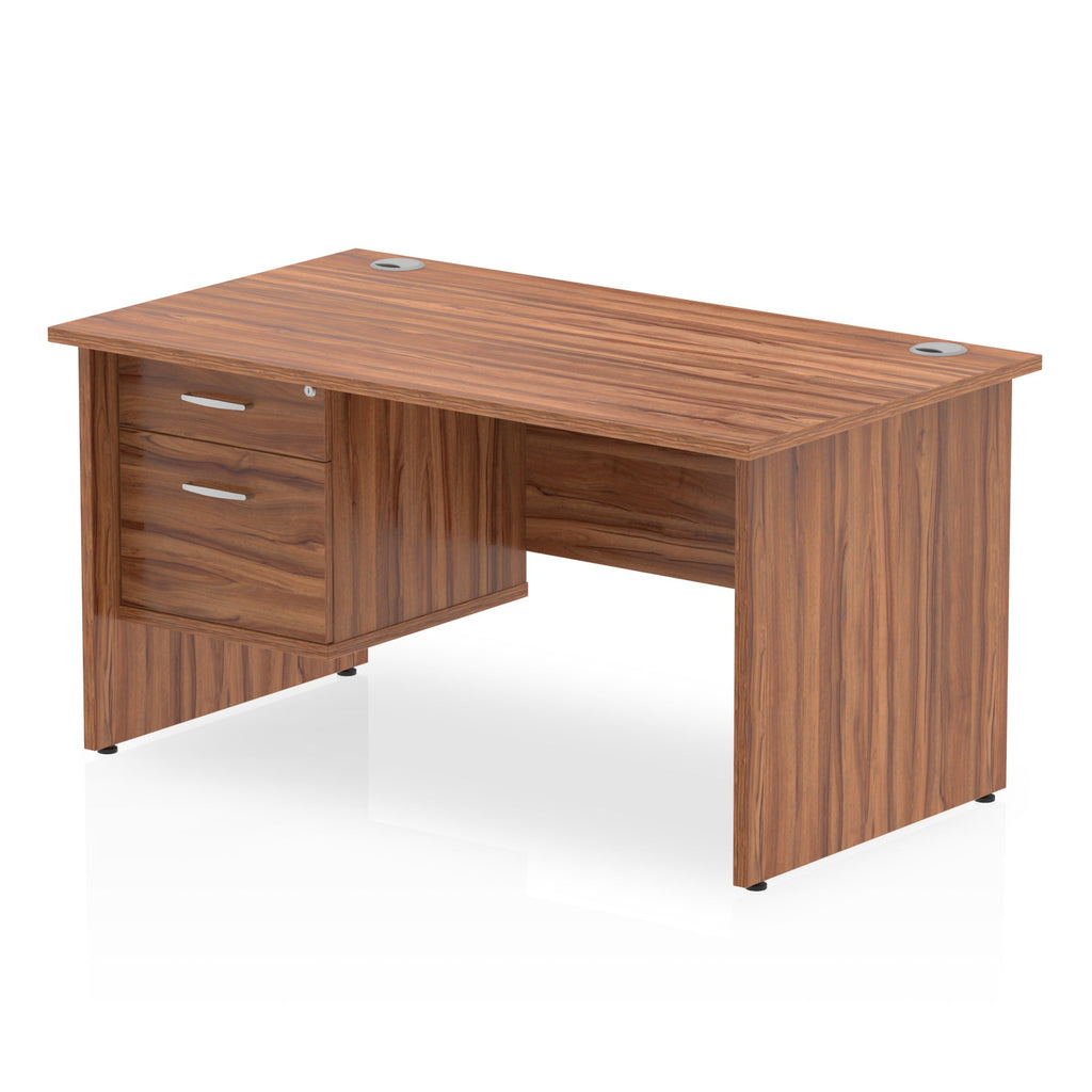 Wood-effect office desk with drawers on a white background