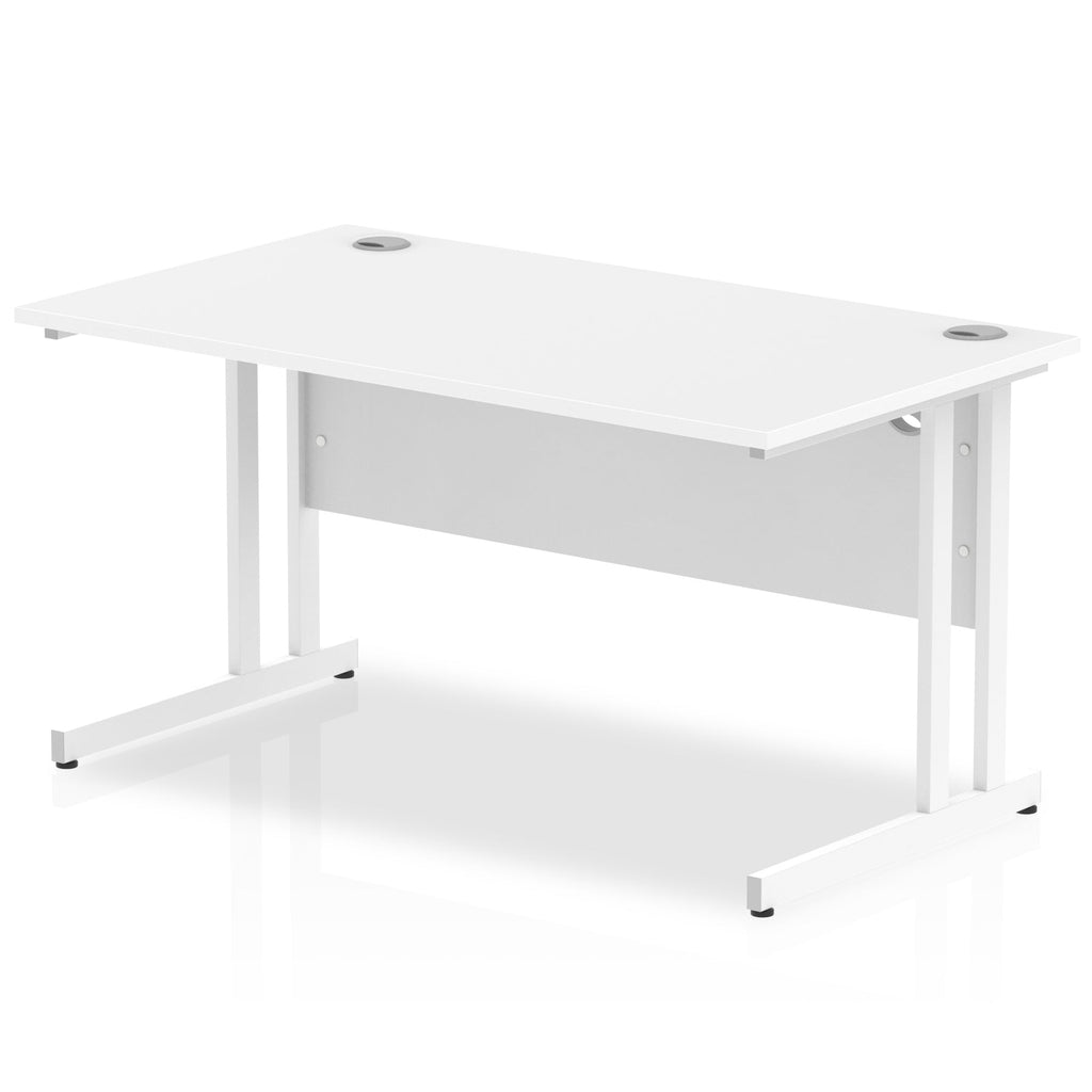 Office desk with white top and metal frame on a white background