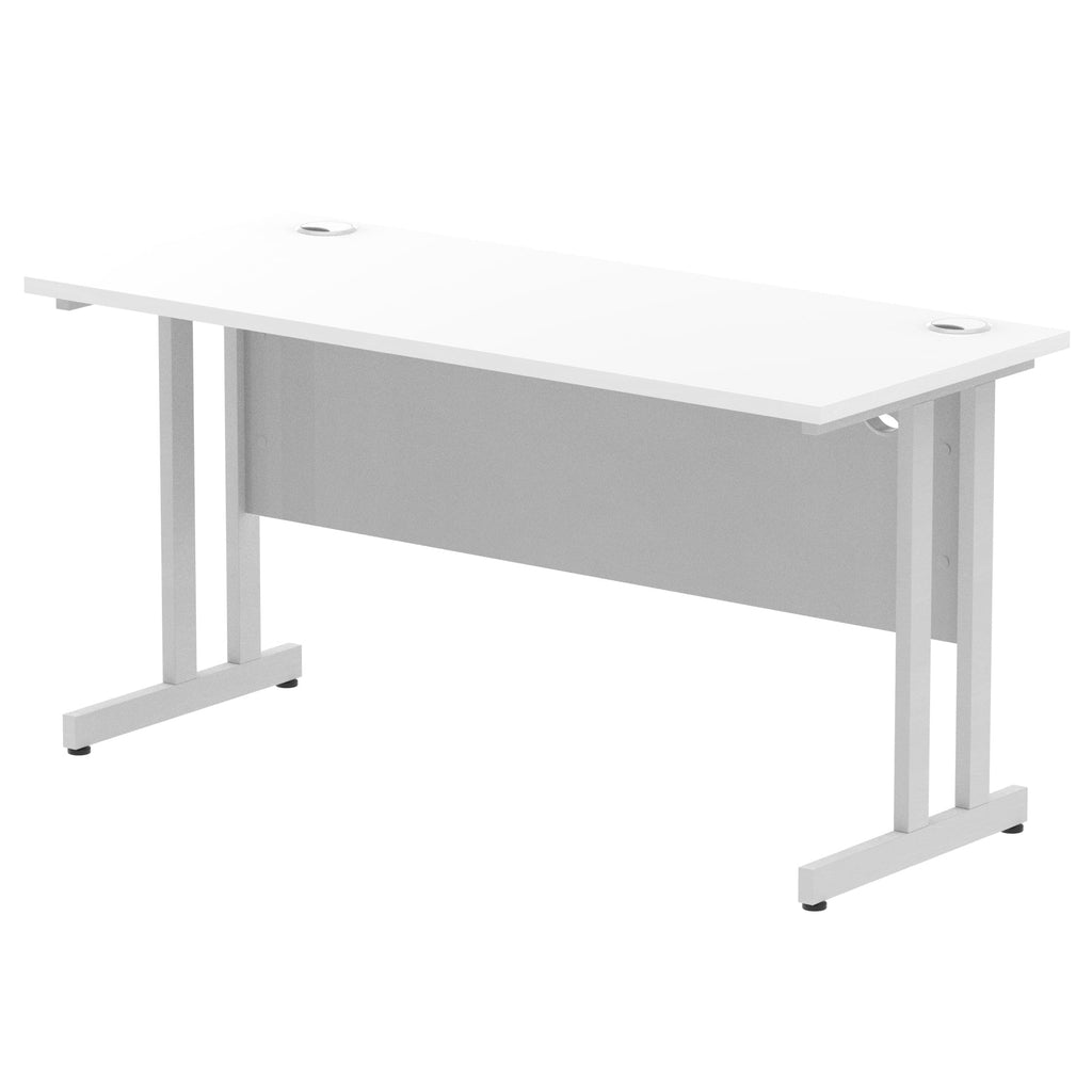 Rectangular desk with white top and metal frame on a white background