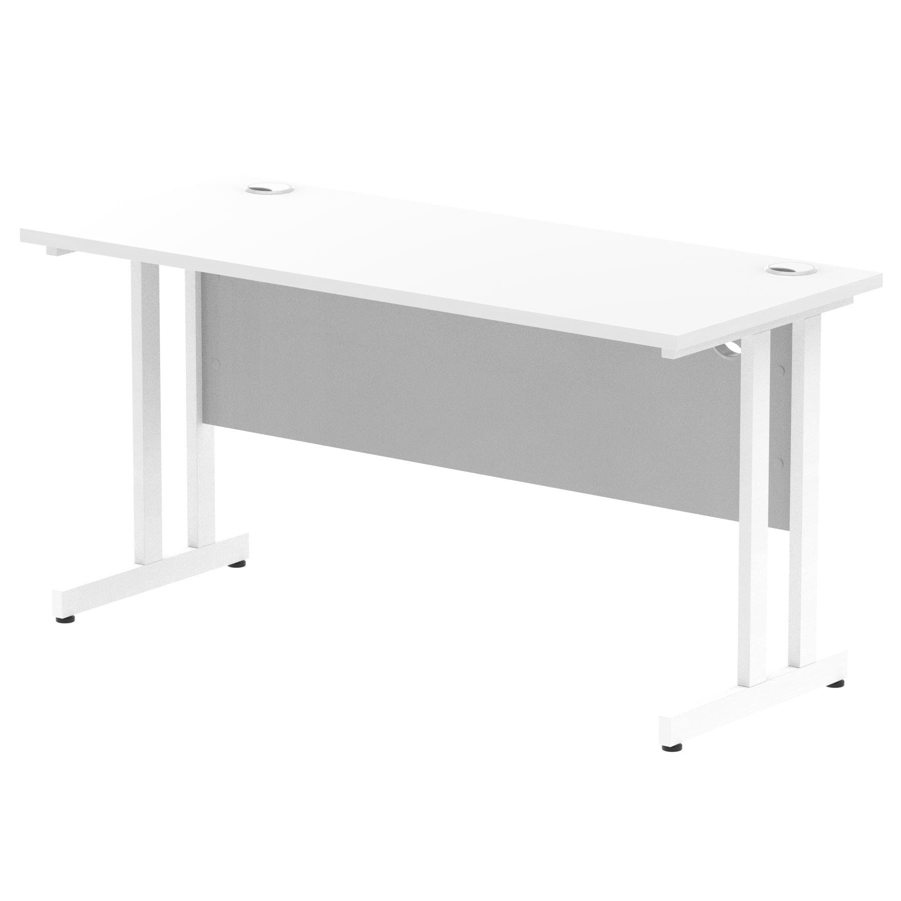 Rectangular desk with white top and metal frame on a white background