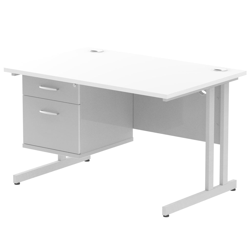 Office desk with white top and fixed pedestal with metal frame on a white background 