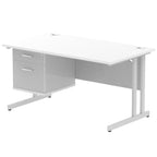 White office desk with fixed pedestal and metal legs on a white background