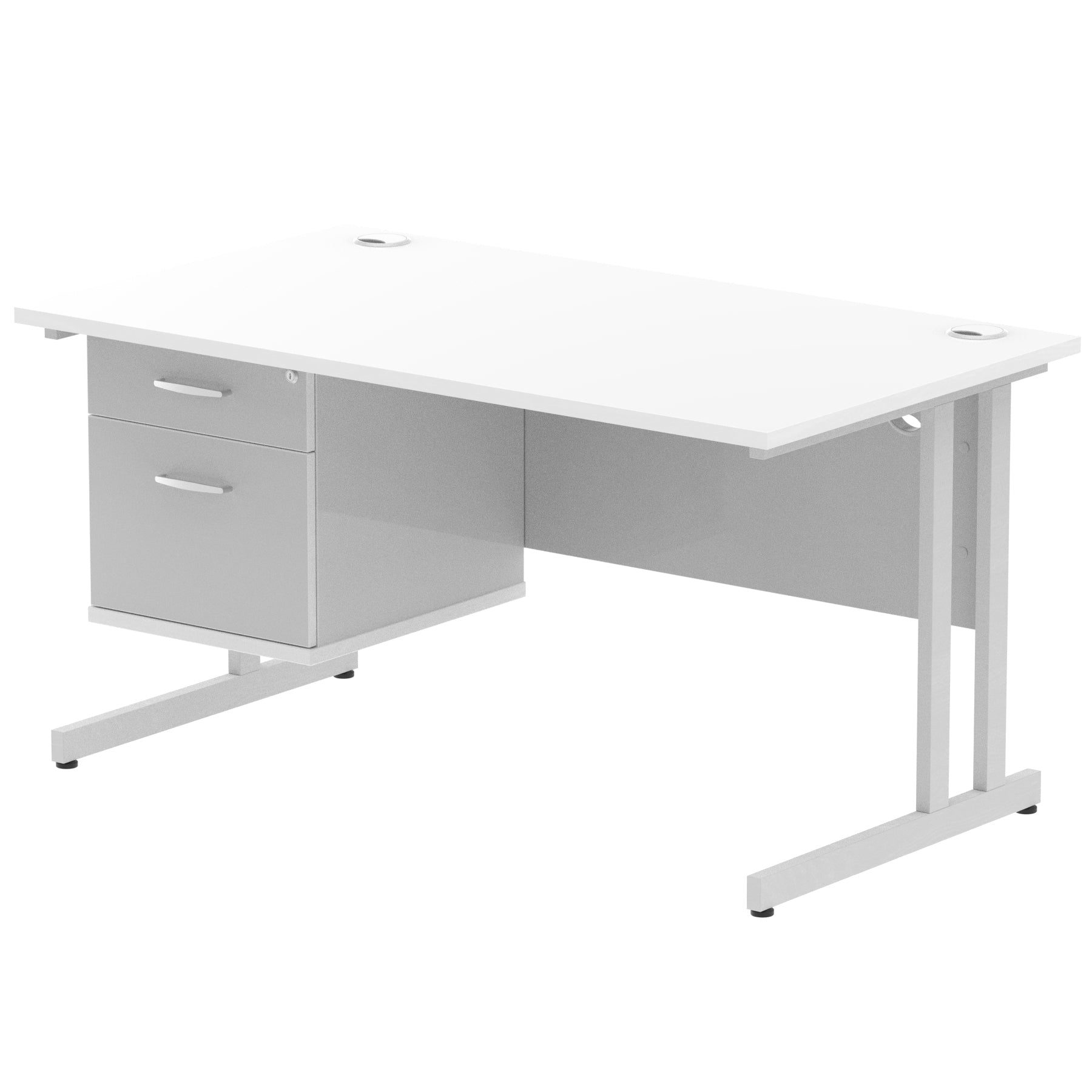 White office desk with fixed pedestal and metal legs on a white background