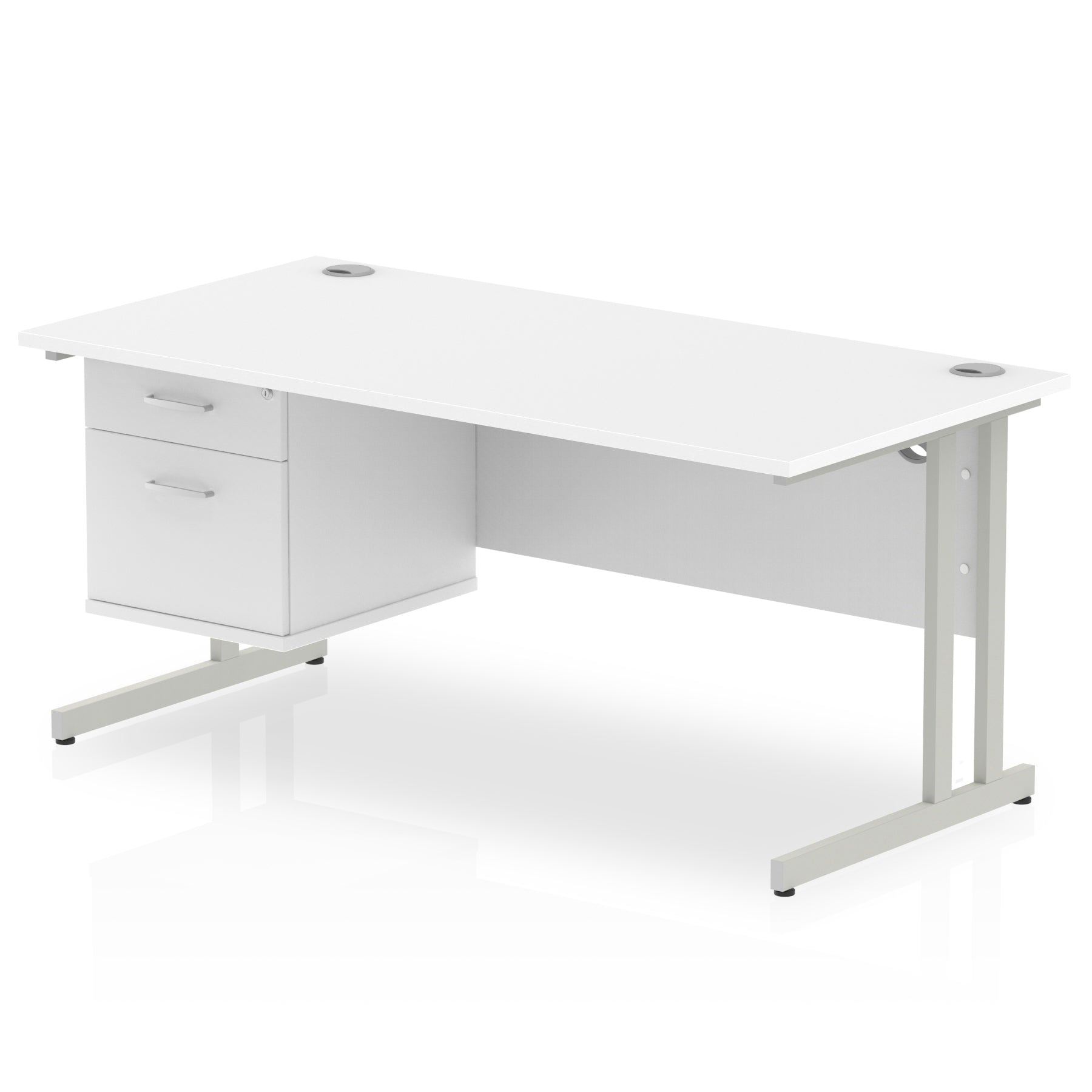 White office desk with drawers and metal legs on a white background