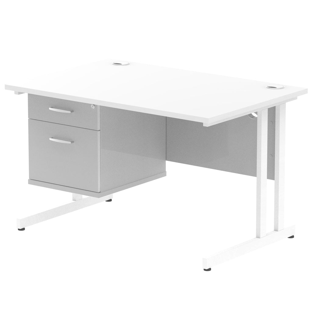 Office desk with white top and fixed pedestal with metal frame on a white background 