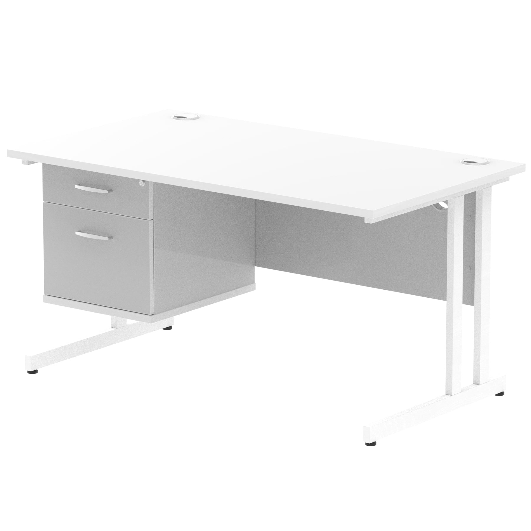 White office desk with fixed pedestal and metal legs on a white background