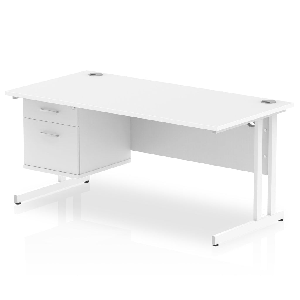 White office desk with drawers and metal legs on a white background