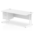 Office desk with white top, matching drawers and metal legs on a white background