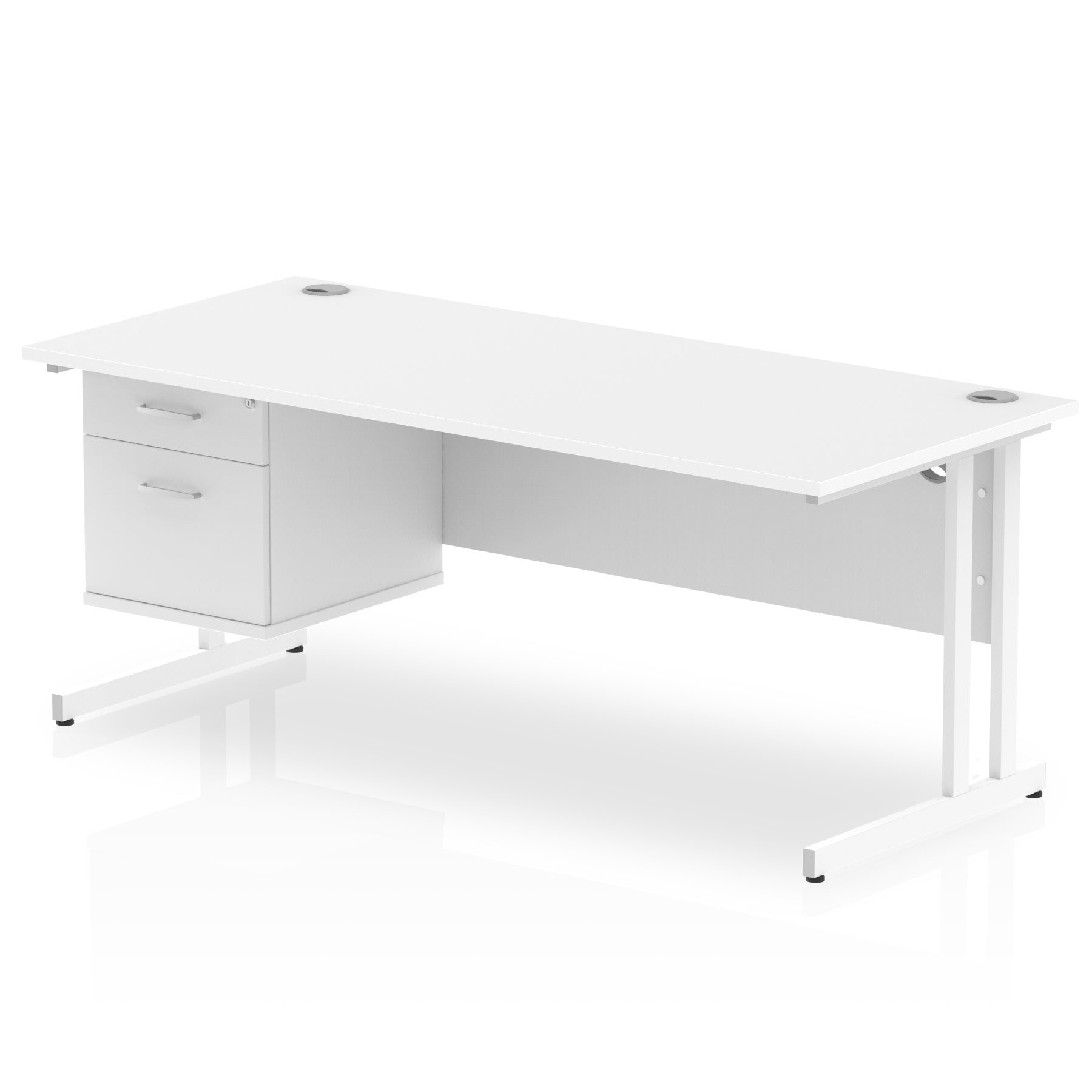 Office desk with white top, matching drawers and metal legs on a white background