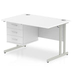 Office desk with white top and fixed pedestal with metal frame on a white background 
