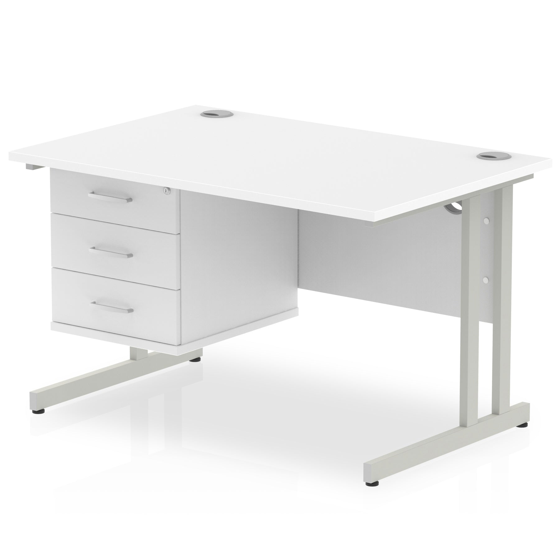 Office desk with white top and fixed pedestal with metal frame on a white background 