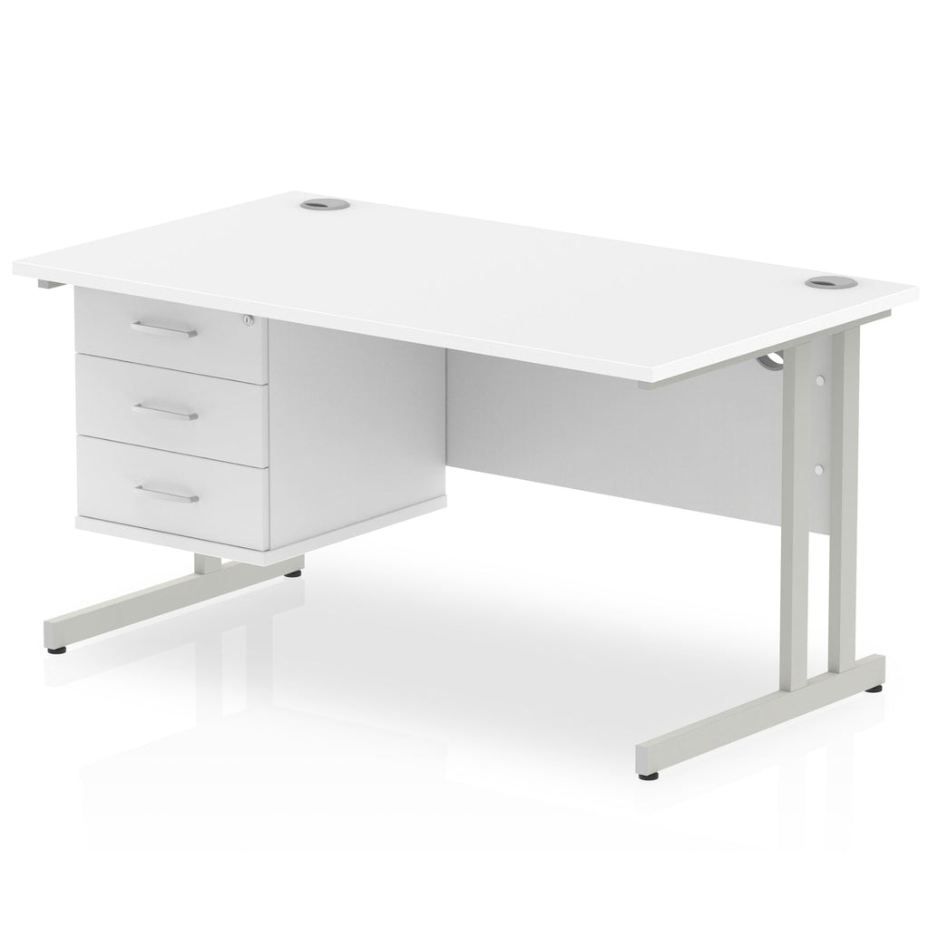 White office desk with fixed pedestal and metal legs on a white background