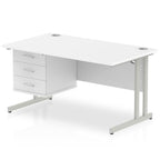 White office desk with fixed pedestal and metal legs on a white background