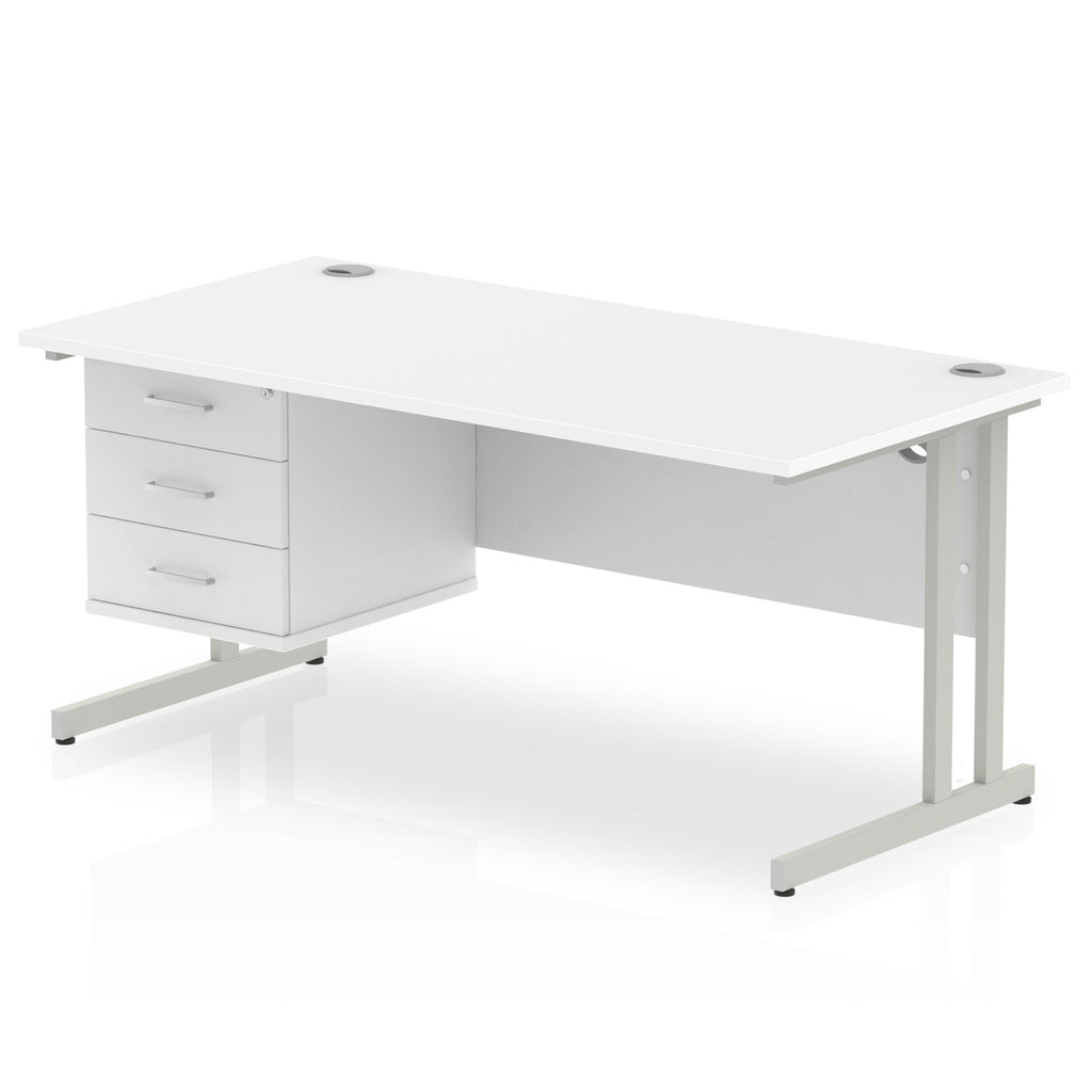 White office desk with drawers and metal legs on a white background