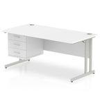 White office desk with drawers and metal legs on a white background