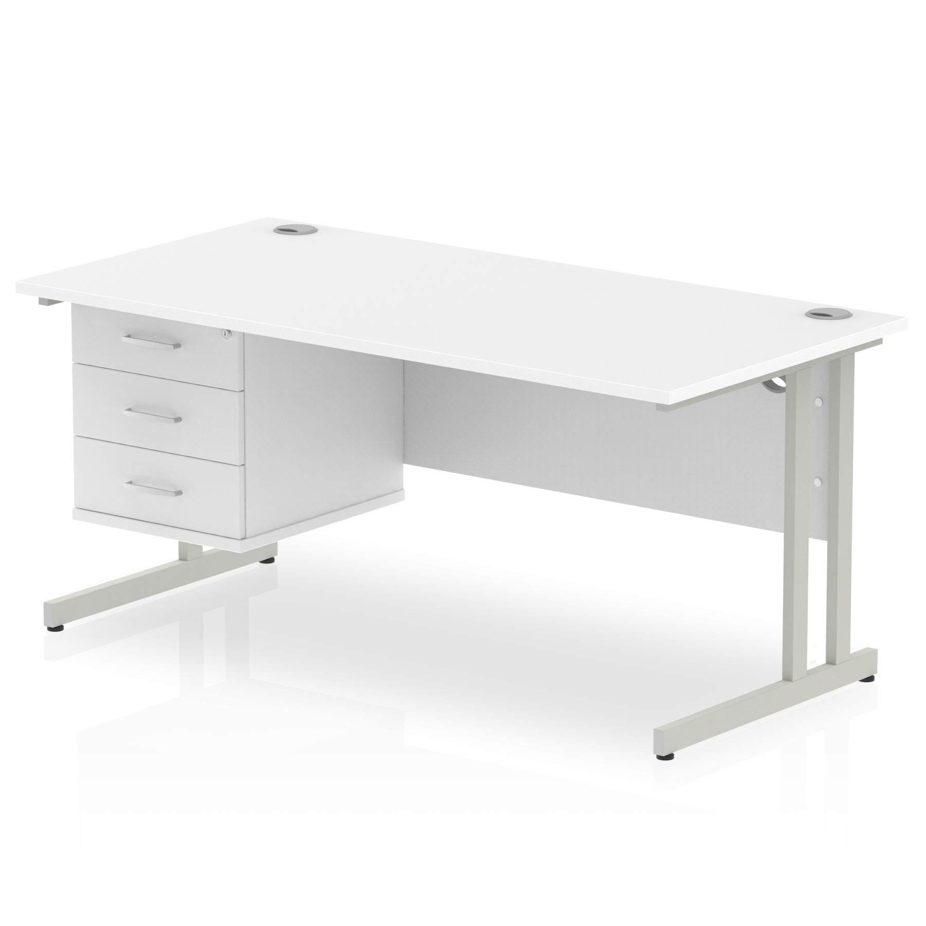 White office desk with drawers and metal legs on a white background