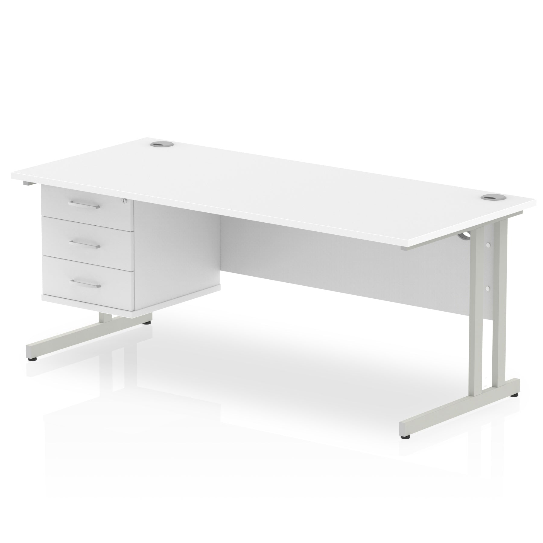 Office desk with white top, matching drawers and metal legs on a white background