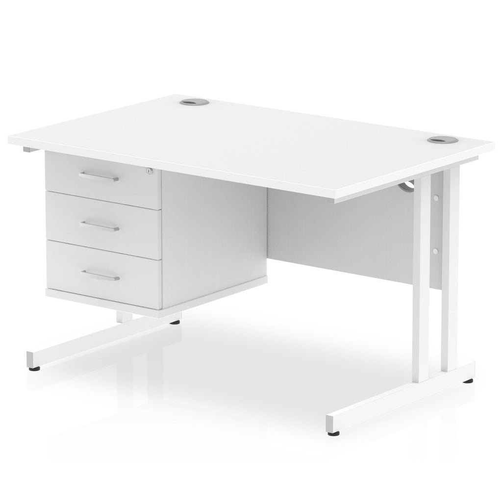 Office desk with white top and fixed pedestal with metal frame on a white background 