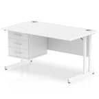 White office desk with fixed pedestal and metal legs on a white background
