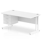 White office desk with drawers and metal legs on a white background