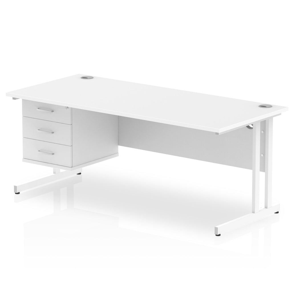 Office desk with white top, matching drawers and metal legs on a white background