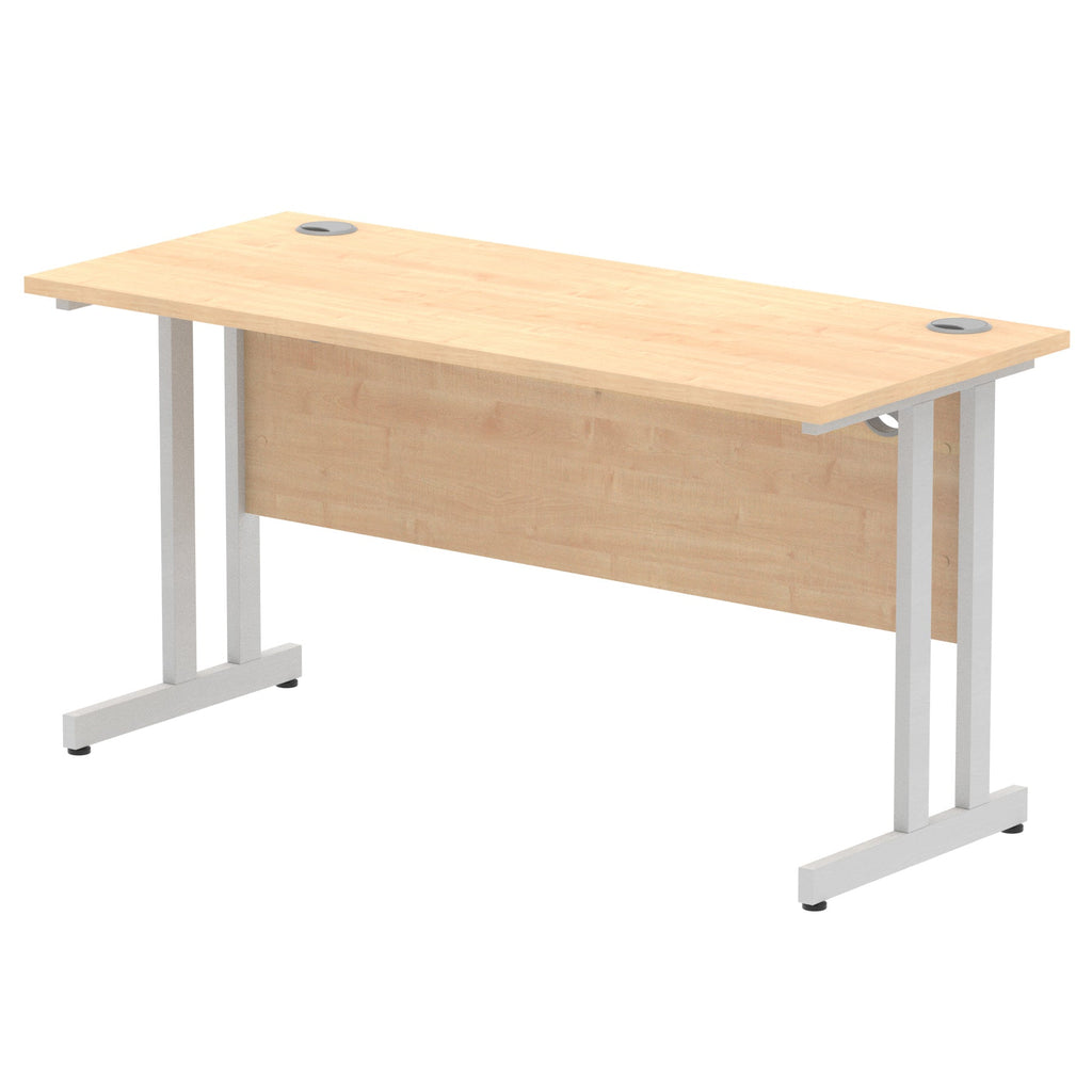 Rectangular desk with wood-effect top and metal frame on a white background