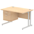 Office desk with wood-effect top and fixed pedestal with metal frame on a white background 
