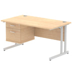 Wood-effect office desk with fixed pedestal and metal legs on a white background