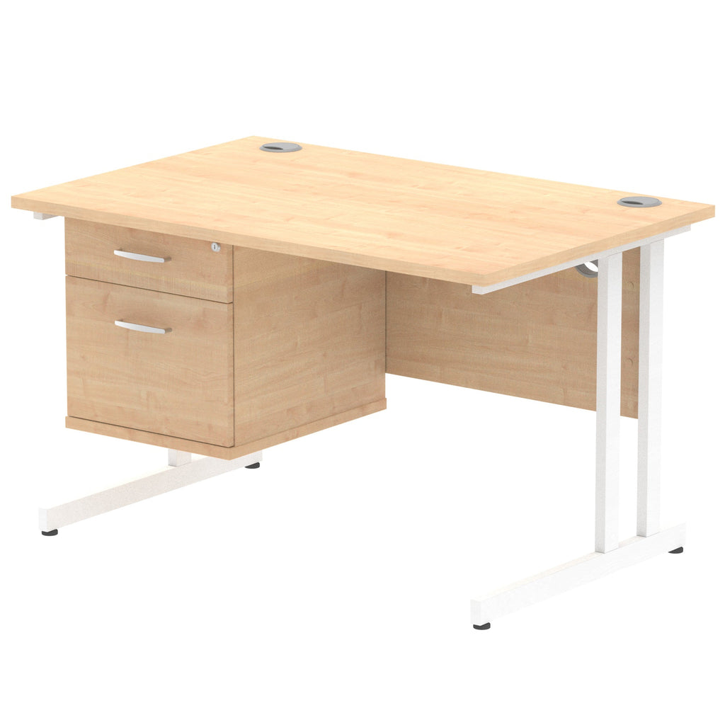 Office desk with wood-effect top and fixed pedestal with metal frame on a white background 