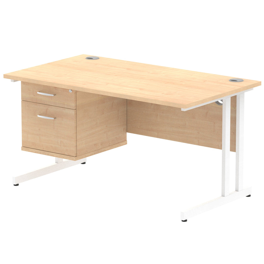 Wood-effect office desk with fixed pedestal and metal legs on a white background