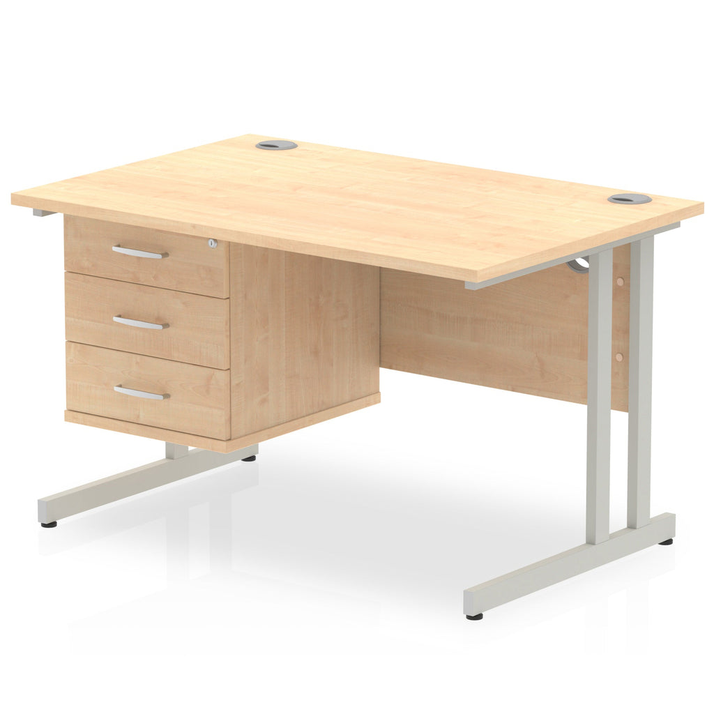 Office desk with wood-effect top and fixed pedestal with metal frame on a white background 