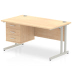 Wood-effect office desk with fixed pedestal and metal legs on a white background
