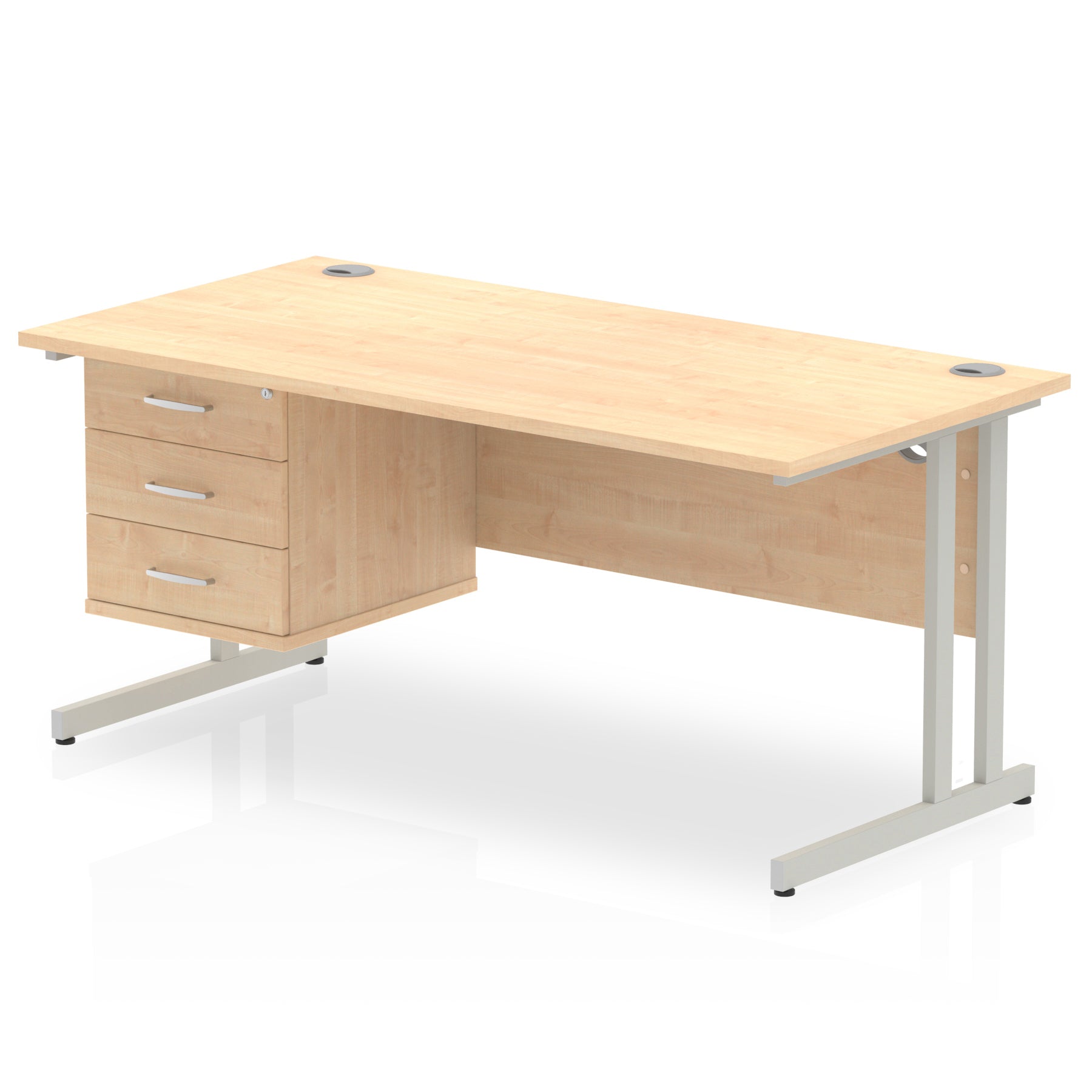 Wood-effect office desk with drawers and metal legs on a white background