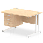 Office desk with wood-effect top and fixed pedestal with metal frame on a white background 