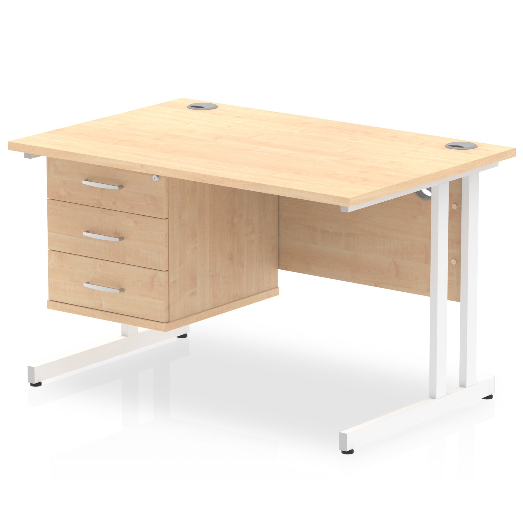 Office desk with wood-effect top and fixed pedestal with metal frame on a white background 