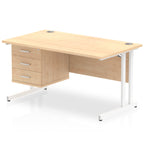 Wood-effect office desk with fixed pedestal and metal legs on a white background