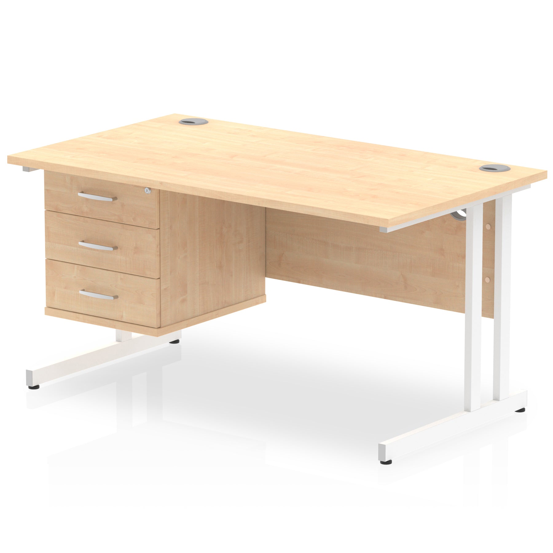 Wood-effect office desk with fixed pedestal and metal legs on a white background