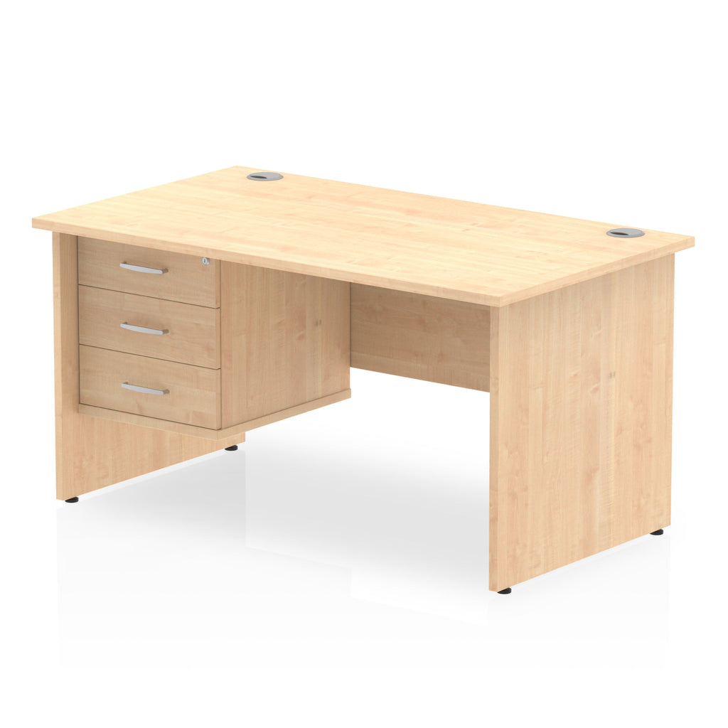 Wood-effect office desk with drawers on a white background