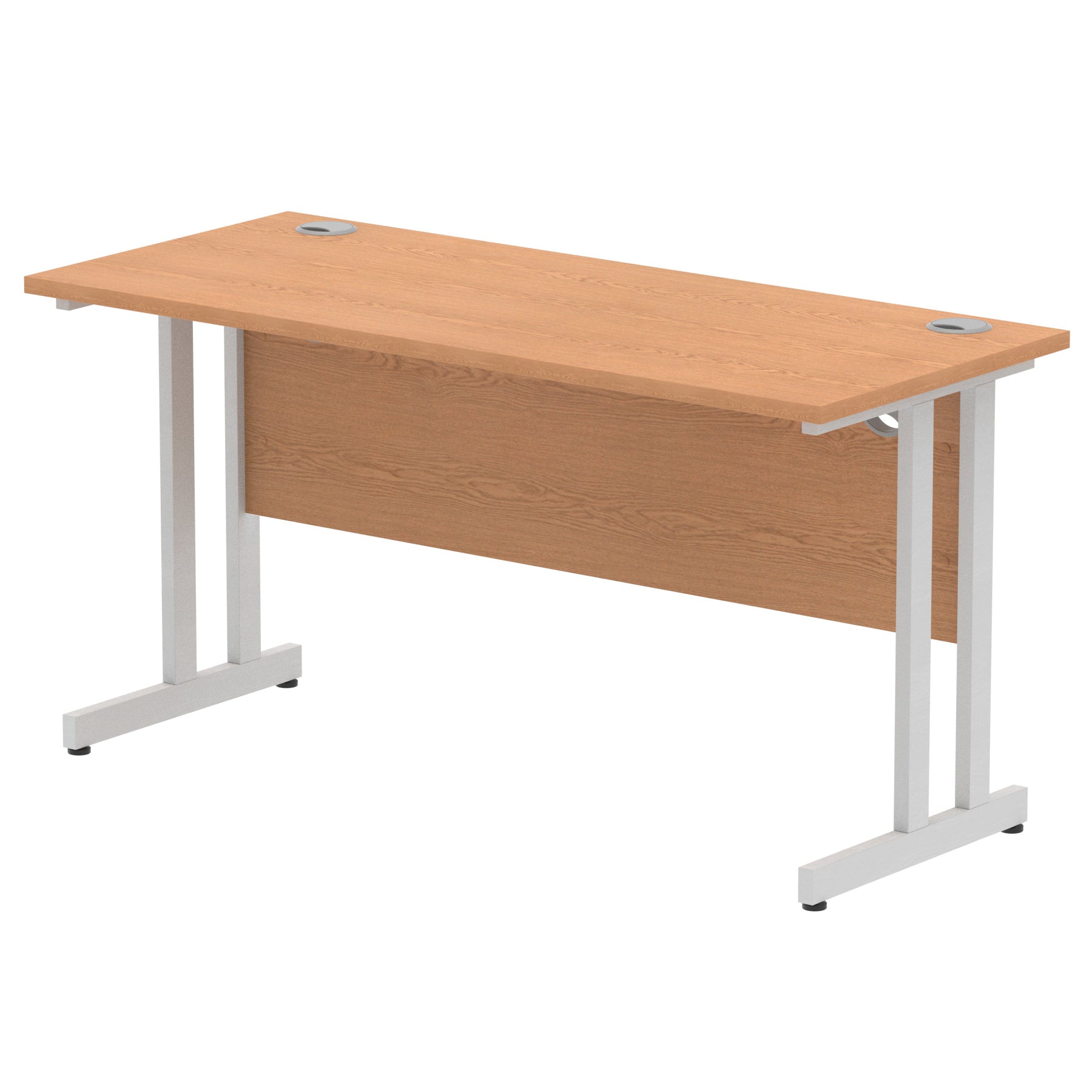 Rectangular desk with wood-effect top and metal frame on a white background