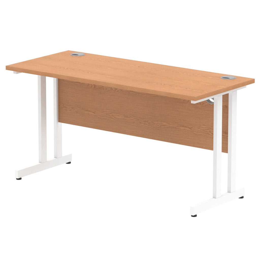 Rectangular desk with wood-effect top and metal frame on a white background