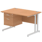 Office desk with wood-effect top and fixed pedestal with metal frame on a white background 