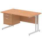 Wood-effect office desk with fixed pedestal and metal legs on a white background