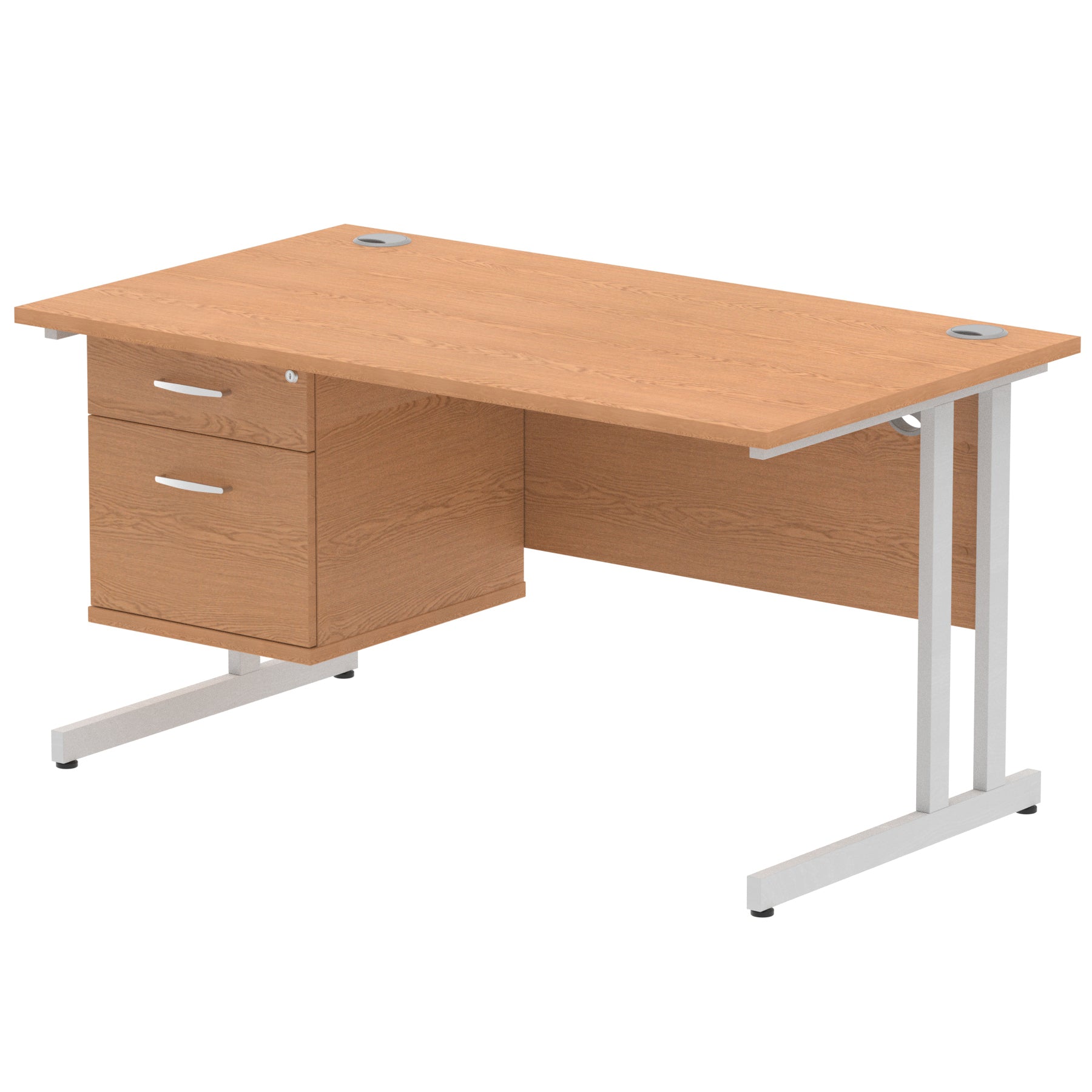 Wood-effect office desk with fixed pedestal and metal legs on a white background