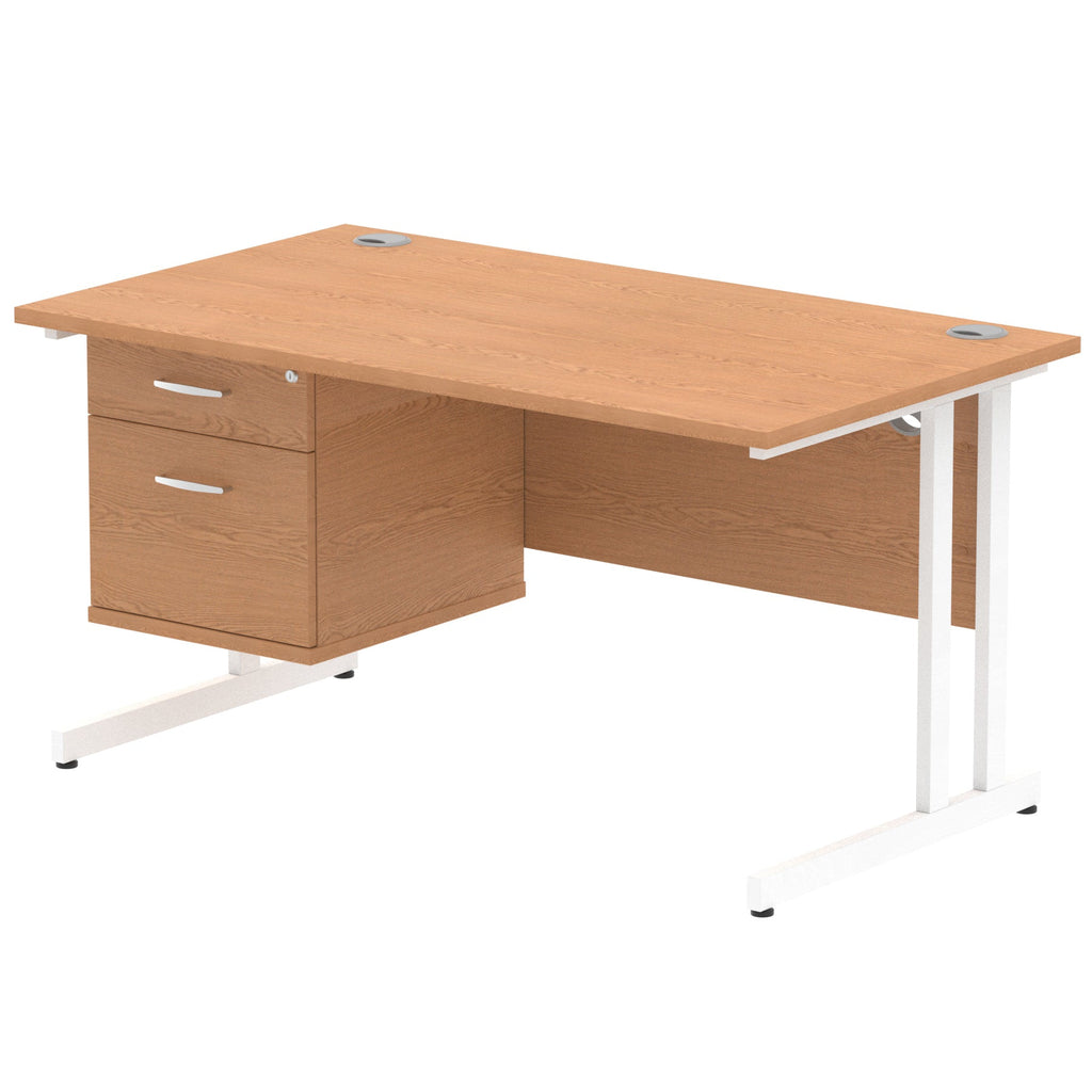 Wood-effect office desk with fixed pedestal and metal legs on a white background