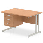Office desk with wood-effect top and fixed pedestal with metal frame on a white background 