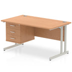 Wood-effect office desk with fixed pedestal and metal legs on a white background
